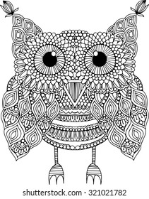 Hand drawn doodle outline owl illustration. Cute zentangle abstract owl