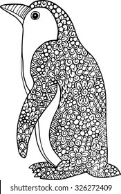 Hand drawn doodle outline penguin illustration decorated with zentangle abstract ornaments