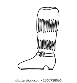 Hand drawn doodle with outline of retro cowboy boots with traditional fringe, belt. Vector cowgirl and cowboy boots in western style. Funny shoes of Wild West with ornament for poster, t-shirt print.