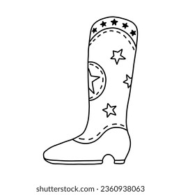 Doodle dibujado a mano con contorno de botas de vaquero retro con patrón de estrellas. Vector decorado de vaqueros y botas de vaquero al estilo occidental. Sencillos zapatos de sheriff del Lejano Oeste con adorno.