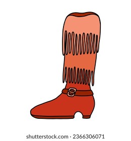 Hand drawn doodle with outline of retro cowboy boots with traditional fringe, belt. Vector cowgirl and cowboy boots in western style. Funny shoes of Wild West with ornament for poster, t-shirt print.