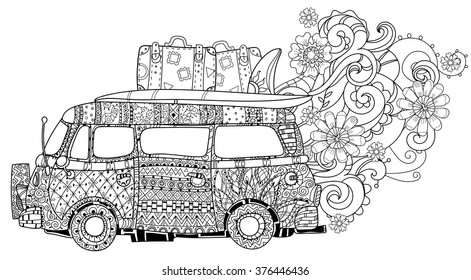 Hand drawn doodle outline retro bus travel decorated with ornaments.Vector zentangle illustration.Floral ornament.Sketch for tattoo or coloring pages.Boho style.