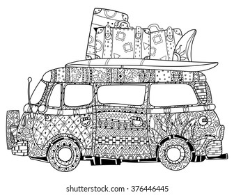 Hand drawn doodle outline retro bus travel decorated with ornaments.Vector zentangle illustration.Floral ornament.Sketch for tattoo or coloring pages.Boho style.