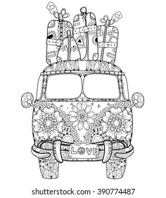 Hand drawn doodle outline retro bus travel decorated with ornaments front view.Vector zentangle illustration.Floral ornament.Sketch for tattoo or coloring pages.Boho style.