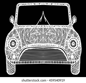 Hand drawn doodle outline retro car decorated with ornaments front view.Vector zentangle illustration.Floral ornament.