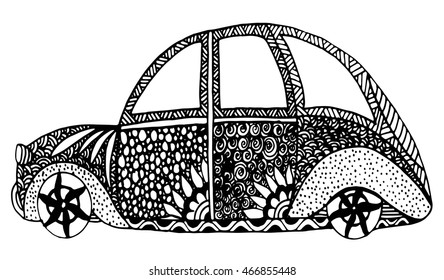 Hand drawn doodle outline retro car decorated with ornaments.Vector zentangle illustration.Floral ornament.