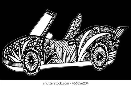 Hand drawn doodle outline retro car decorated with ornaments.Vector zentangle illustration.Floral ornament