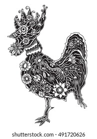 Hand drawn doodle outline rooster illustration. Decorative abstract floral ornate rooster drawing. Adult colouring bird. Stylized flower cartoon rooster or cock for colouring and drawing.