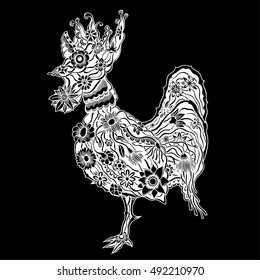 Hand drawn doodle outline rooster illustration. Decorative abstract floral ornate rooster drawing. Adult colouring bird. Stylized flower cartoon rooster or cock for colouring and drawing.