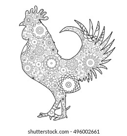 Hand drawn doodle outline rooster illustration imitation. Decorative abstract floral ornate rooster drawing. Adult colouring bird. Stylized flower cartoon rooster or cock for colouring and drawing.