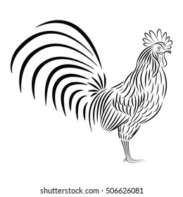 Hand drawn doodle outline rooster illustration. Hand drawn stylized black rooster on white background.