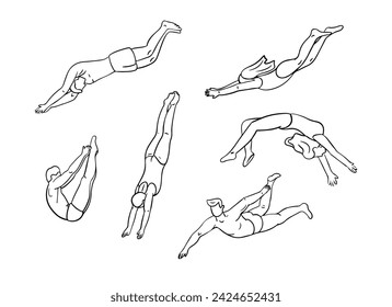 Dibujado a mano contorno de garabato se utiliza con personas de buceo. Colección de contorno negro de mujeres y hombres nadando o saltando en el agua. Dibujos aislados del boceto en el fondo blanco para colorear páginas, tatuaje