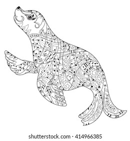 Hand drawn doodle outline sea lion decorated with ornaments.Vector zentangle illustration.Floral ornament.Sketch for tattoo or coloring pages.Boho style.