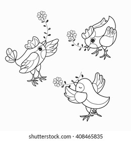Hand drawn doodle outline sparrow set.Vector illustration. Floral ornament. Boho style.