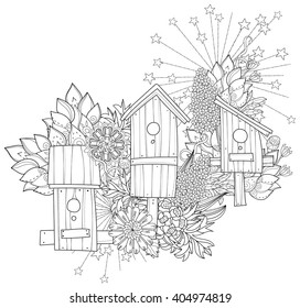 Hand drawn doodle outline spring nesting box decorated with floral ornaments.Vector hand drawn illustration.Floral ornament.Sketch for tattoo, poster, children or adult coloring pages.Boho style.