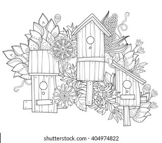 Hand drawn doodle outline spring nesting box decorated with floral ornaments.Vector hand drawn illustration.Floral ornament.Sketch for tattoo, poster, children or adult coloring pages.Boho style.