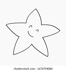 Hand drawn doodle outline starfish. Underwater inhabitant of the sea and ocean with eyes and a smile for icons, logo, postcards. Stock vector illustration isolated on white background.