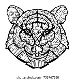 Hand drawn doodle outline tiger head decorated with ornaments.Vector zen art illustration.Floral ornament.Sketch for tattoo or coloring pages.Boho style.