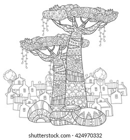 Hand drawn doodle outline tree  and town decorated with floral ornaments.Vector zen illustration.Floral ornament.Sketch for tattoo, poster or adult coloring pages.Boho style.