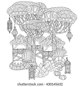 Hand drawn doodle outline tropical tree, bungalow decorated with floral ornaments.Vector zen art illustration.