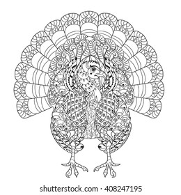 Hand drawn doodle outline turkey decorated with ornaments.Vector zentangle illustration.Boho style.