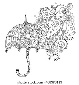 Hand drawn doodle outline umbrella decorated with floral ornaments.Vector zen art illustration.Floral ornament.Sketch for tattoo, poster or adult anti stress relax coloring pages.Boho style.