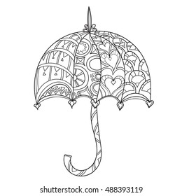 Hand drawn doodle outline umbrella decorated with floral ornaments.Vector zen art illustration.Floral ornament.Sketch for tattoo, poster or adult anti stress relax coloring pages.Boho style.