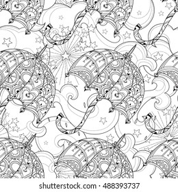 Hand drawn doodle outline umbrella decorated seamless pattern.Vector zen art illustration.Floral ornament.Sketch for tattoo, poster or adult anti stress relax coloring pages.Boho style.