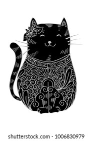 Hand drawn doodle outline vector cat illustration decorated.