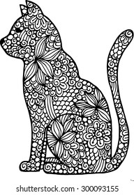 Hand drawn doodle outline vector cat illustration decorated with abstract ornamental drawings