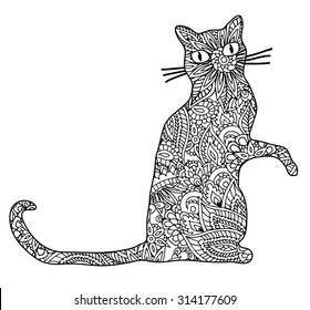 Hand drawn doodle outline vector sitting cat illustration with abstract floral ornament, black isolated over white. Coloring pages template.