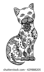 Hand drawn doodle outline vector cat illustration decorated with abstract ornamental drawings