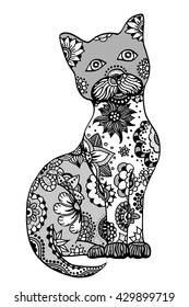 Hand drawn doodle outline vector cat illustration decorated with abstract ornamental drawings