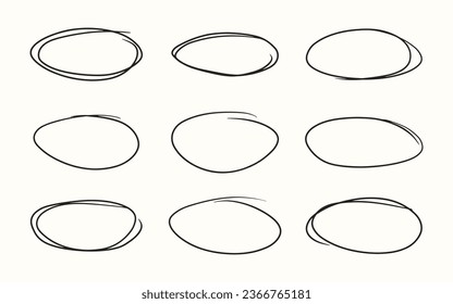 Hand drawn doodle oval frames set. Round shape border frame in line art sketch style. Simple scribble borders design template. Vector illustration isolated on white background