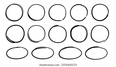 Hand drawn doodle oval set. Hand drawn marker, pen stroke line oval frame. Scribble round frame for text highlight. Grunge scratch style set. Vector illustration