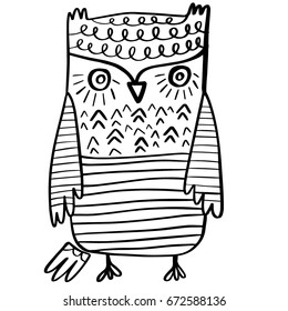 HAND DRAWN DOODLE OF OWL. VECTOR CARTOON ,coloring books,t-shirts