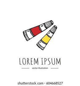 Hand drawn doodle paint tubes icon Art and Craft tools Vector illustration Painter instrument symbol Cartoon Watercolor Acrylic Oil Pigment paint Artist elements on white background Sketch