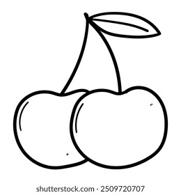 Doodle dibujado a mano de un par de cerezas con una hoja aislada sobre un fondo blanco. Ilustración vectorial.