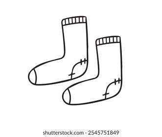 Dibujado a mano doodle un par de calcetines cálidos icono. Esquema aislado de calcetines clásicos sobre fondo blanco. . Ilustración vectorial