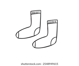 Dibujado a mano doodle un par de calcetines cálidos icono. Esquema aislado de calcetines clásicos sobre fondo blanco. . Ilustración vectorial