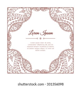 Hand drawn doodle paisley frame. Abstract zentangle background. Mehndi Indian east henna design. Good for cards, invitations, wedding, t-shirt, cover, flyer, calendar, brochure. Vector illustration