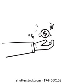 handgezeichnete Hand aus der Doodpalme bringt Münzillustrationssymbol für geldbezogene Vektorgrafik