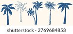 Hand drawn doodle palm tree set. Summer coastal minimal tropical motif for greeting cards, posters, poster and placard design prints. Vector ink concept vacation ocean, beach and travel.