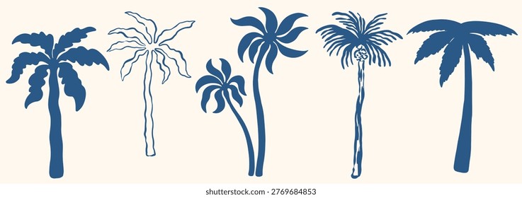 Hand drawn doodle palm tree set. Summer coastal minimal tropical motif for greeting cards, posters, poster and placard design prints. Vector ink concept vacation ocean, beach and travel.