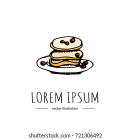 Hand drawn doodle Pancakes with berries isolated on white background. Vector illustration. Thanksgiving icon traditional Autumn symbol Cartoon celebration element: food, cranberry, fried, cake