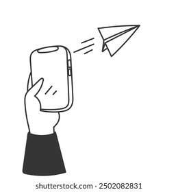 hand drawn doodle paper airplane take of and flying from mobile phone illustration
