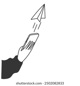 hand drawn doodle paper airplane take of and flying from mobile phone illustration