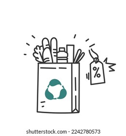 hand drawn doodle paper bag discount with eco symbol illustration vector