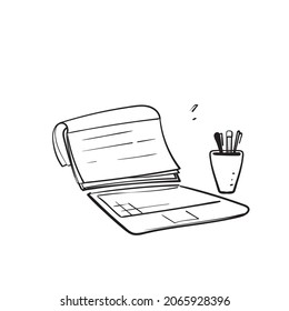 hand drawn doodle paper book on laptop symbol for education online icon illustration
