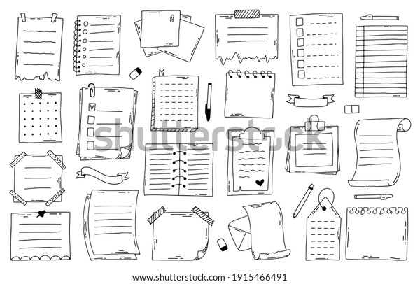 手描きの落書き紙の注記 ノート リスト プランナー 日記 新聞記事のスケッチ 落書き風メモのベクターイラストセット ノート ノート 手書きのスケッチ のベクター画像素材 ロイヤリティフリー